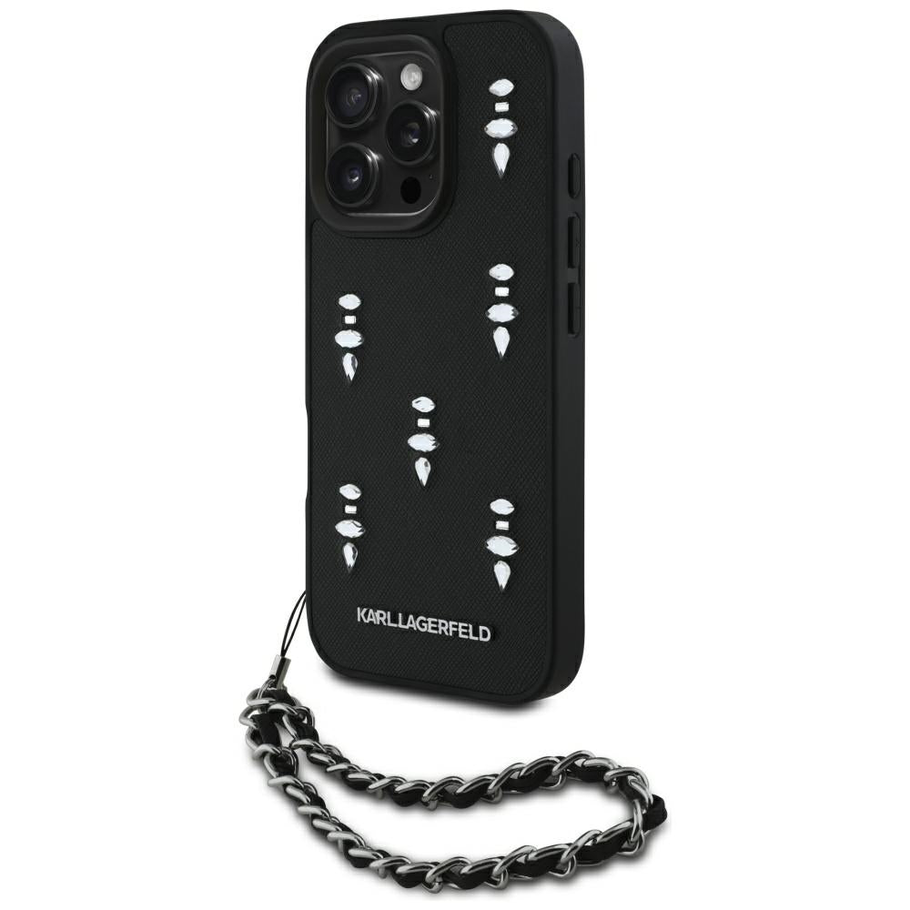 Funda para Apple iPhone 16 Pro Max, Karl Lagerfeld, Saffiano Crystals & Charm, Negra