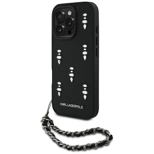 Funda para Apple iPhone 16 Pro Max, Karl Lagerfeld, Saffiano Crystals & Charm, Negra