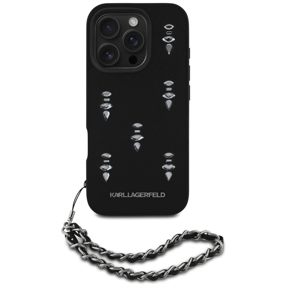 Funda para Apple iPhone 16 Pro Max, Karl Lagerfeld, Saffiano Crystals & Charm, Negra