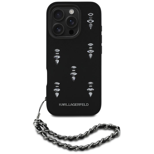 Funda para Apple iPhone 16 Pro Max, Karl Lagerfeld, Saffiano Crystals & Charm, Negra