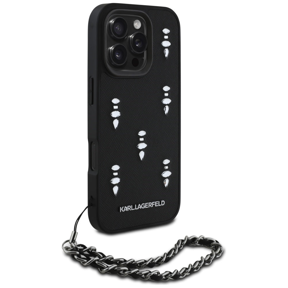 Funda para Apple iPhone 16 Pro Max, Karl Lagerfeld, Saffiano Crystals & Charm, Negra