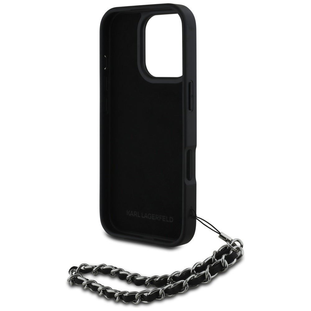 Funda para Apple iPhone 16 Pro Max, Karl Lagerfeld, Saffiano Crystals & Charm, Negra