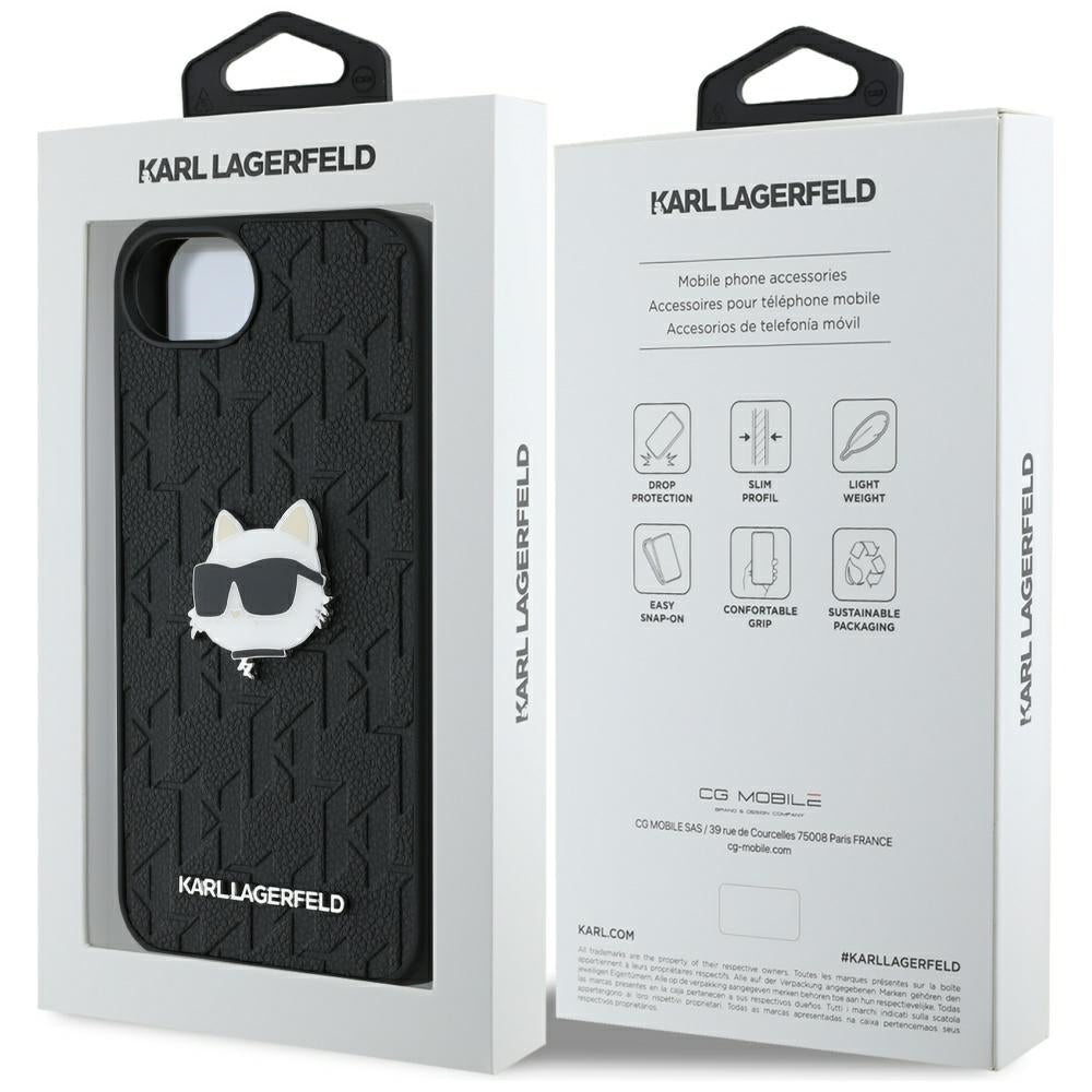 Funda para Apple iPhone 16e, Karl Lagerfeld, Monograma Cabeza de Choupette, Negra