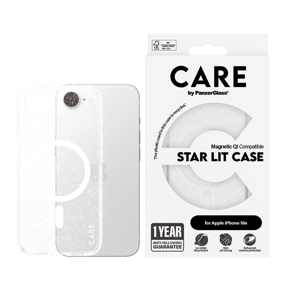 Funda para Apple iPhone 16e, PanzerGlass, Care Urban Combat Star Lit, Transparente Blanca