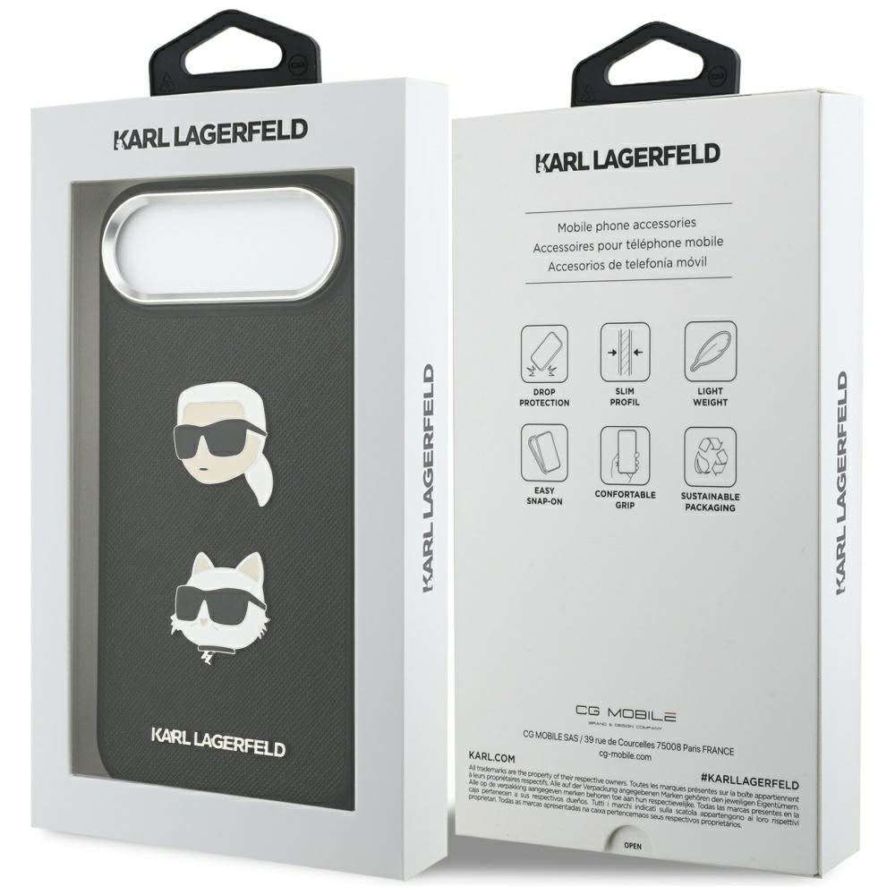 Funda para Apple iPhone 17 Air, Karl Lagerfeld, Grained Karl & Choupette's Heads Pins and Logo, Negra