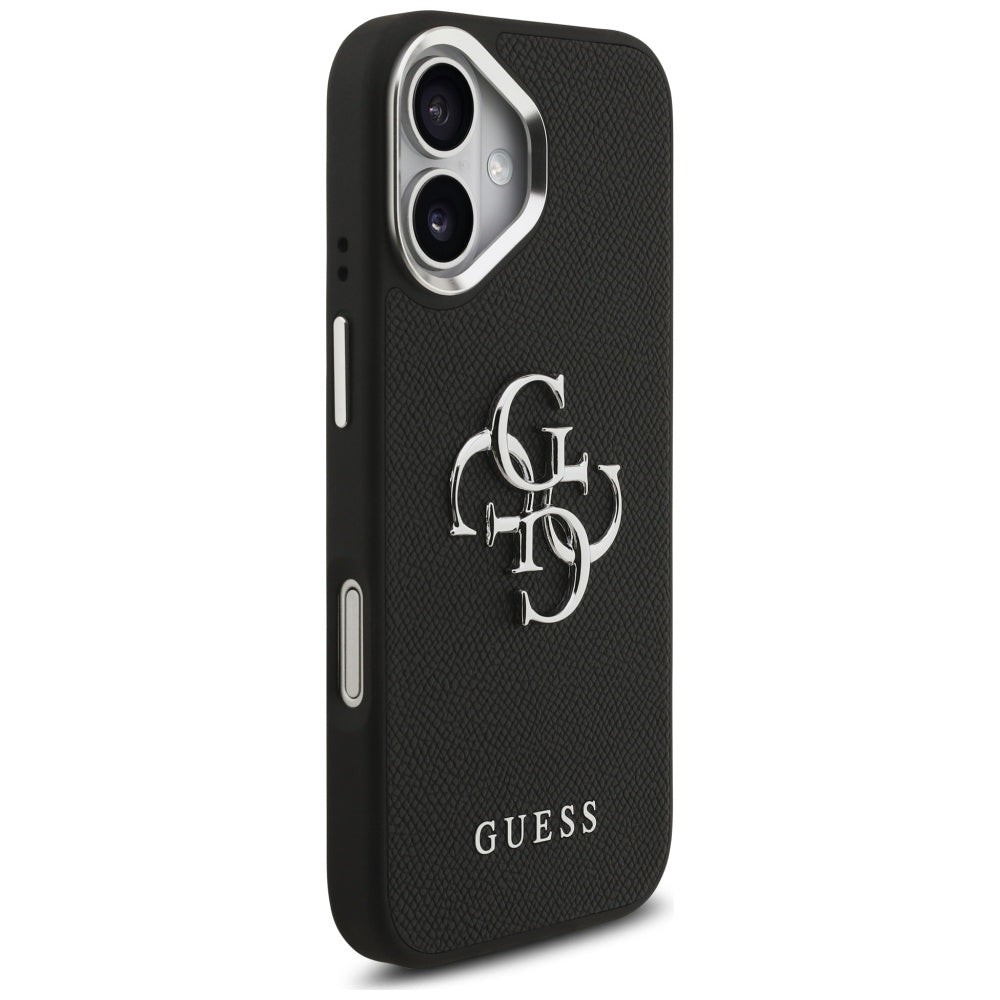 Funda para Apple iPhone 17, Guess, 4G Grained Big and Classic Logo, Negra Plateada