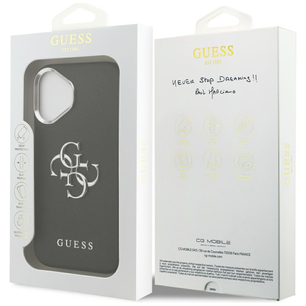 Funda para Apple iPhone 17, Guess, 4G Grained Big and Classic Logo, Negra Plateada