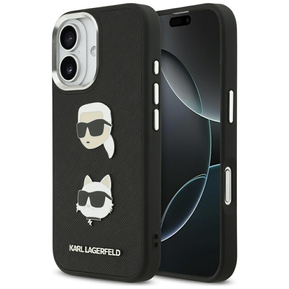 Funda para Apple iPhone 17, Karl Lagerfeld, Grained Karl & Choupette's Heads Pins and Logo, Negra