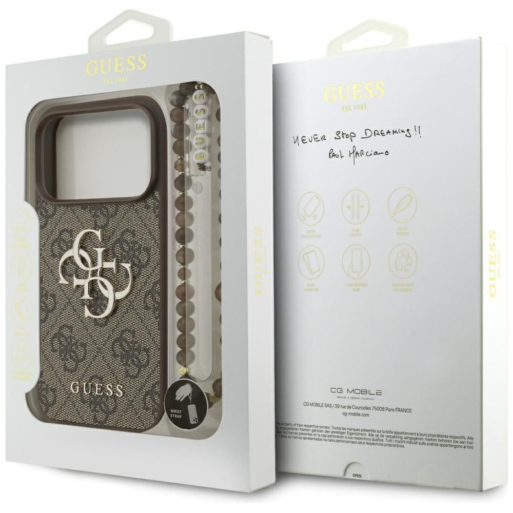 Funda para Apple iPhone 17 Pro, Guess, 4G Classic Logo con Correa de Perla, Marrón