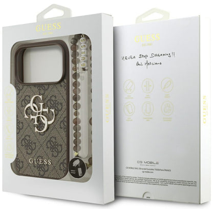 Funda para Apple iPhone 17 Pro, Guess, 4G Classic Logo con Correa de Perla, Marrón