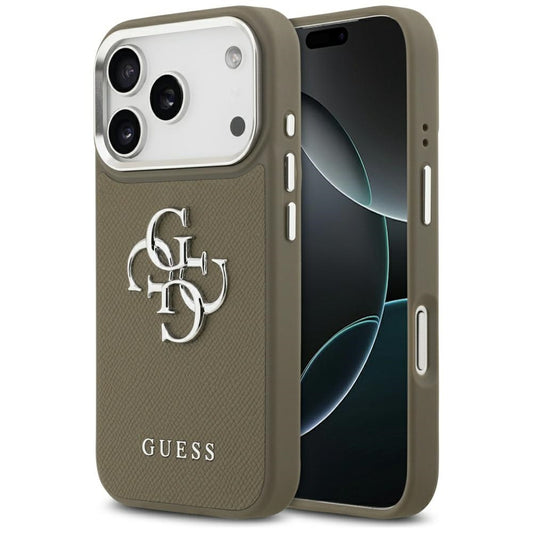 Funda para Apple iPhone 17 Pro, Guess, 4G Grained Big And Classic Logo, Marrón Plateado
