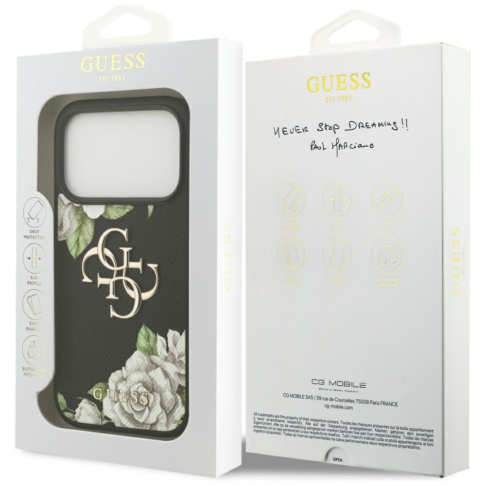Funda para Apple iPhone 17 Pro, Guess, 4G Grained Roses Big Logo, Negra