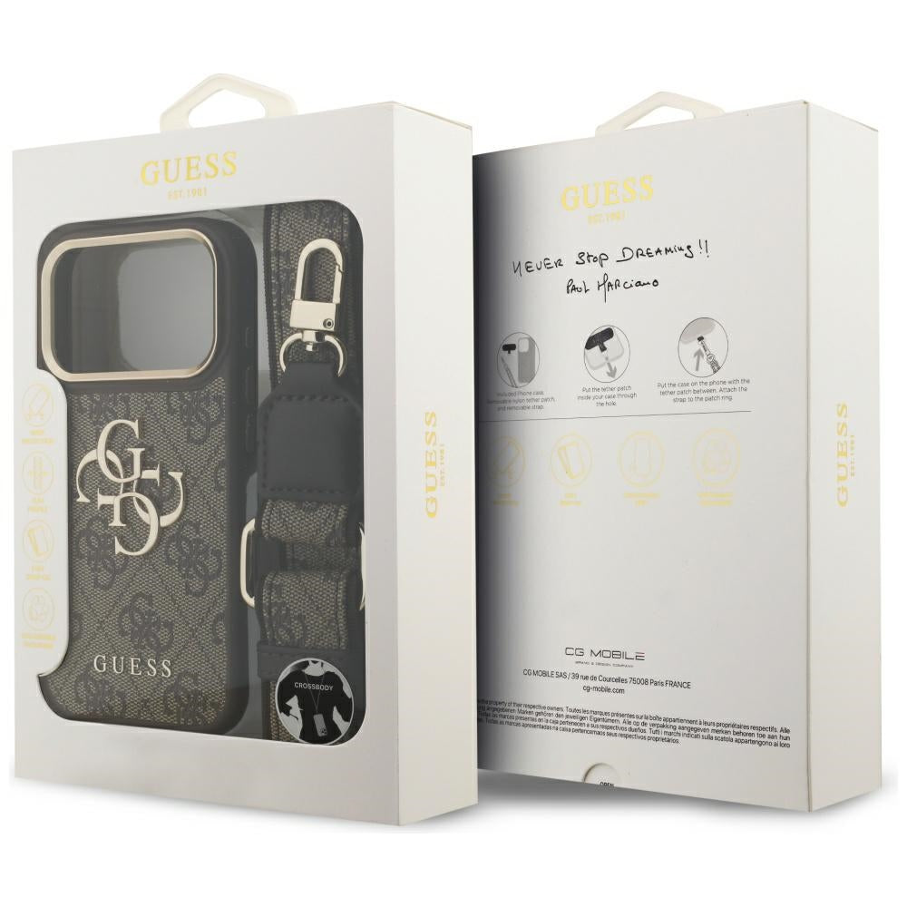 Funda para Apple iPhone 17 Pro, Guess, Big 4G Classic Logo with Big Strap, Marrón