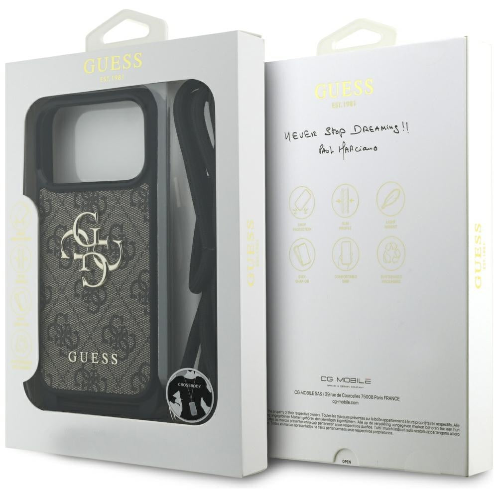 Funda para Apple iPhone 17 Pro, Guess, Crossbody Cord 4G Big Log, Marrón