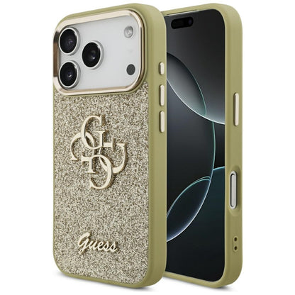 Funda para Apple iPhone 17 Pro, Guess, Fixed Glitter Big 4G Metal Frame, Dorada