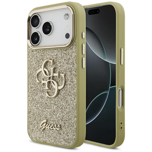 Funda para Apple iPhone 17 Pro, Guess, Fixed Glitter Big 4G Metal Frame, Dorada