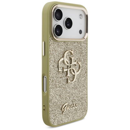 Funda para Apple iPhone 17 Pro, Guess, Fixed Glitter Big 4G Metal Frame, Dorada