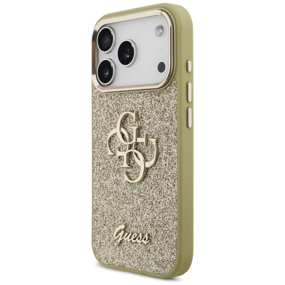 Funda para Apple iPhone 17 Pro, Guess, Fixed Glitter Big 4G Metal Frame, Dorada