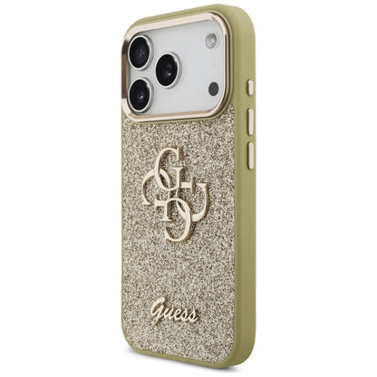 Funda para Apple iPhone 17 Pro, Guess, Fixed Glitter Big 4G Metal Frame, Dorada