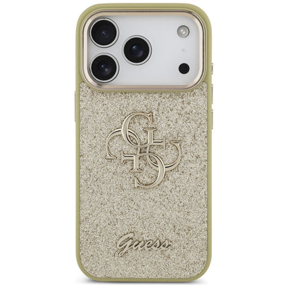 Funda para Apple iPhone 17 Pro, Guess, Fixed Glitter Big 4G Metal Frame, Dorada