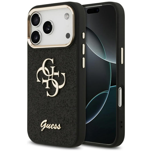 Funda para Apple iPhone 17 Pro, Guess, Fixed Glitter Big 4G Metal Frame, Negra