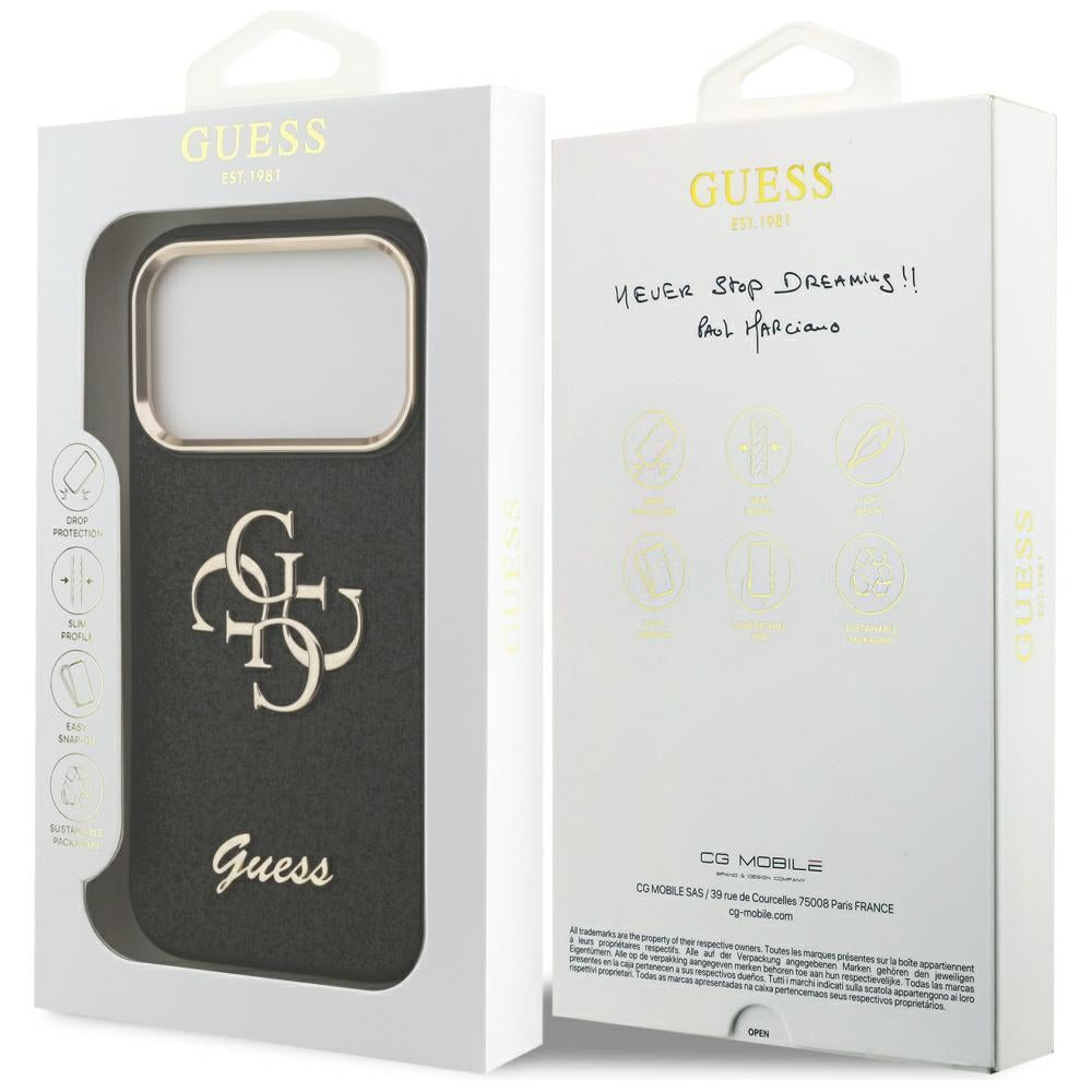 Funda para Apple iPhone 17 Pro, Guess, Fixed Glitter Big 4G Metal Frame, Negra