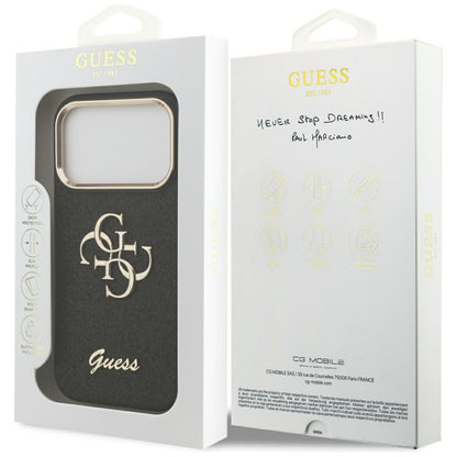 Funda para Apple iPhone 17 Pro, Guess, Fixed Glitter Big 4G Metal Frame, Negra