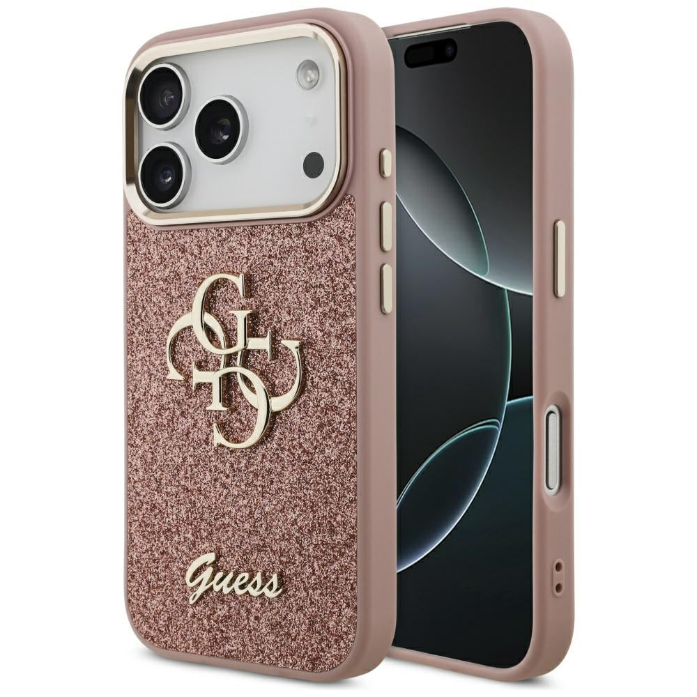 Funda para Apple iPhone 17 Pro, Guess, Fixed Glitter Big 4G Metal Frame, Rosa