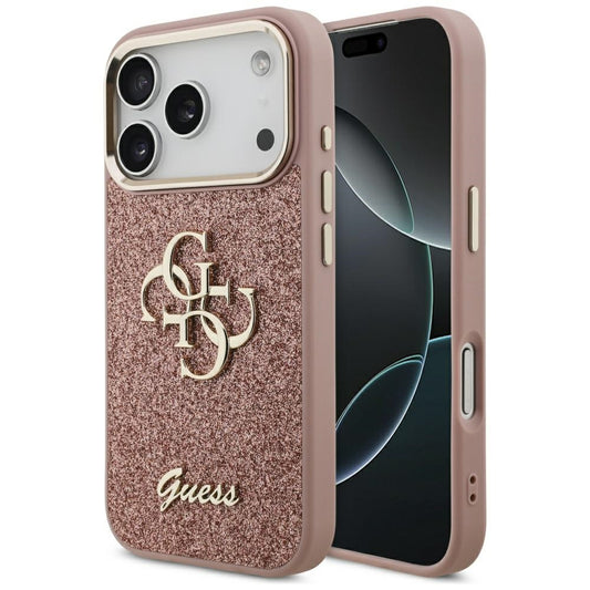 Funda para Apple iPhone 17 Pro, Guess, Fixed Glitter Big 4G Metal Frame, Rosa