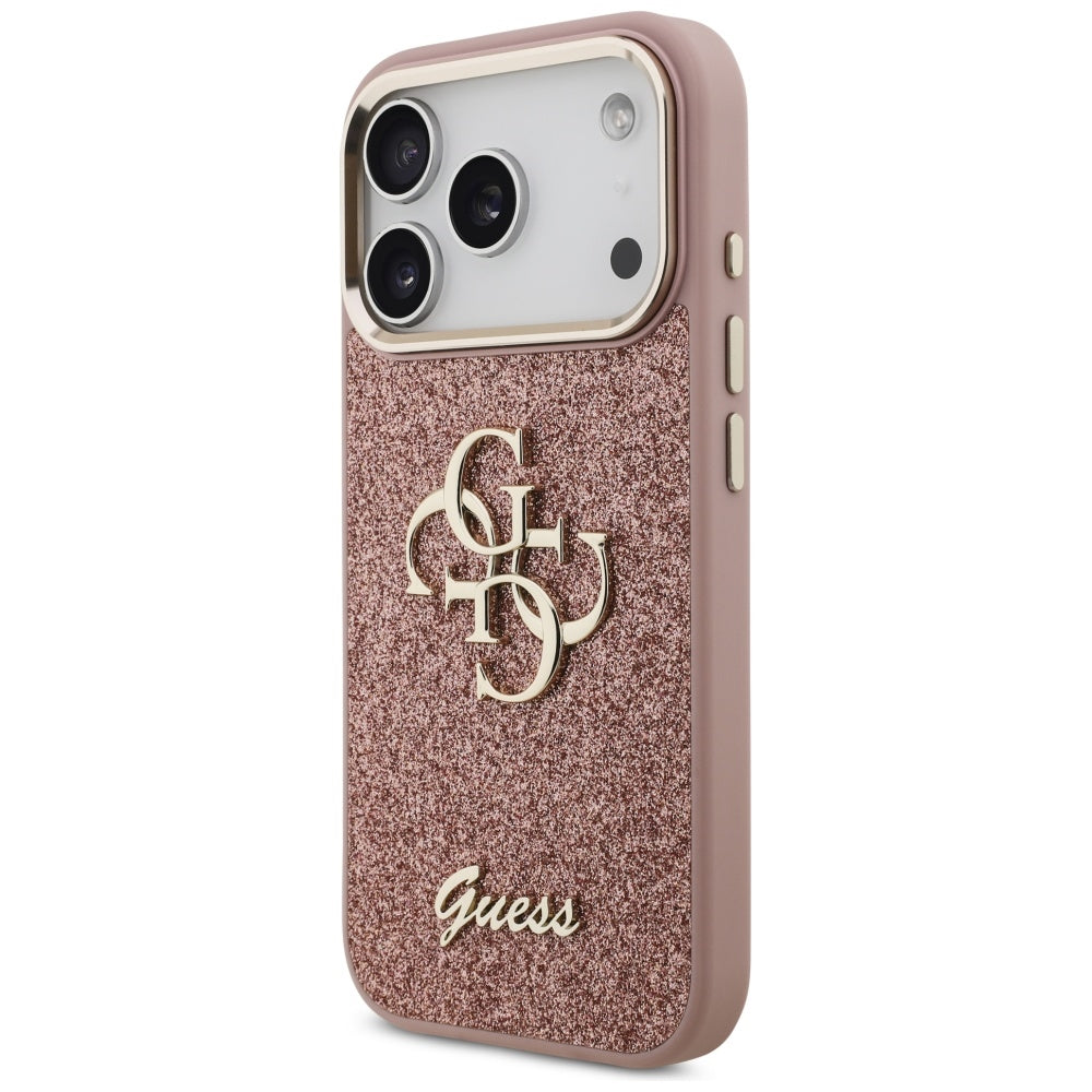 Funda para Apple iPhone 17 Pro, Guess, Fixed Glitter Big 4G Metal Frame, Rosa