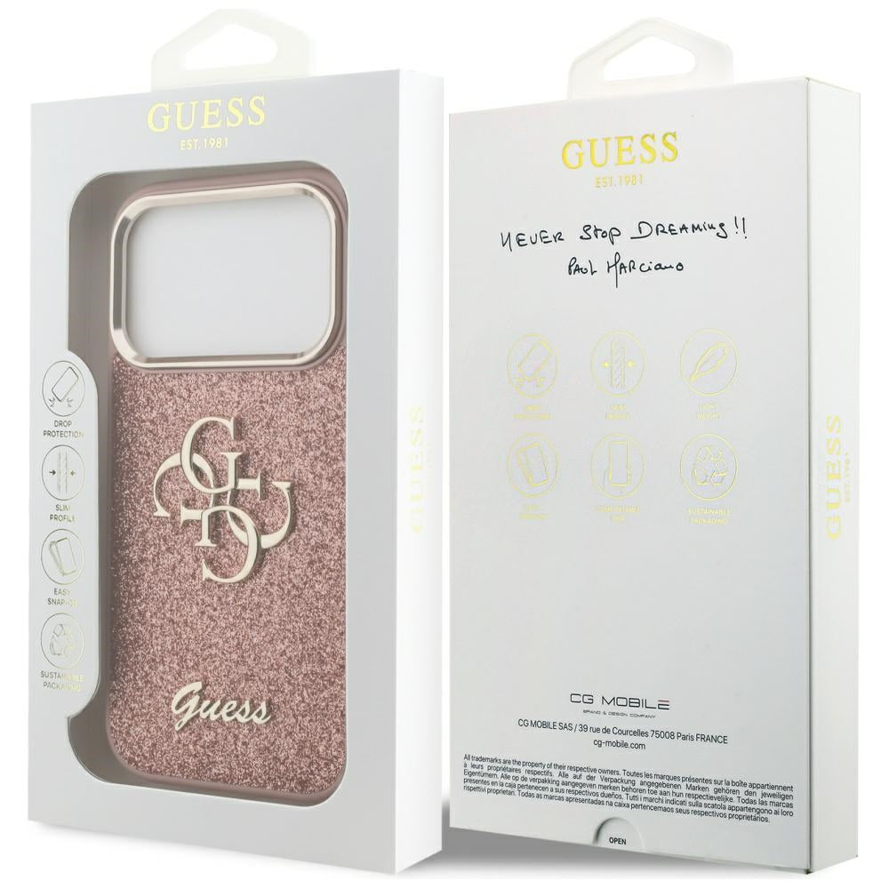 Funda para Apple iPhone 17 Pro, Guess, Fixed Glitter Big 4G Metal Frame, Rosa