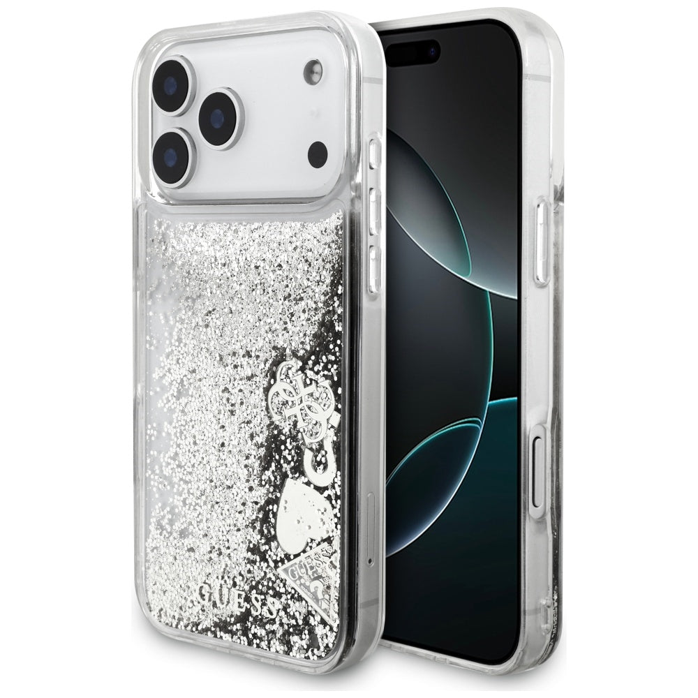 Funda para Apple iPhone 17 Pro, Guess, Liquid Glitter Charms, Plateada