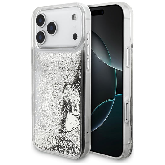 Funda para Apple iPhone 17 Pro, Guess, Liquid Glitter Charms, Plateada