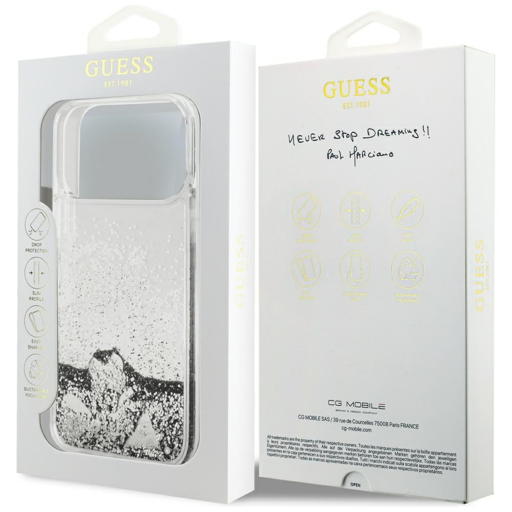 Funda para Apple iPhone 17 Pro, Guess, Liquid Glitter Charms, Plateada