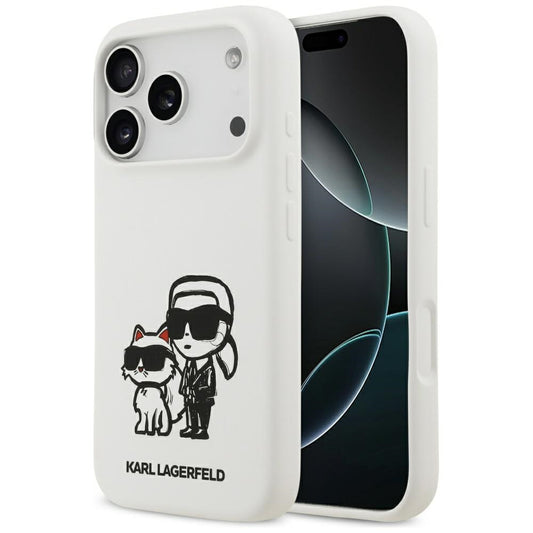 Funda para Apple iPhone 17 Pro, Karl Lagerfeld, Sketch and Logo Karl & Choupette, Blanca