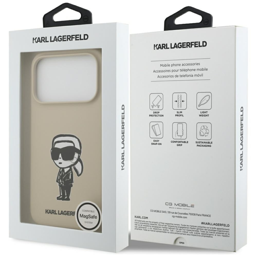 Funda para Apple iPhone 17 Pro, Karl Lagerfeld, Sketch and Logo Karl, Marrón.