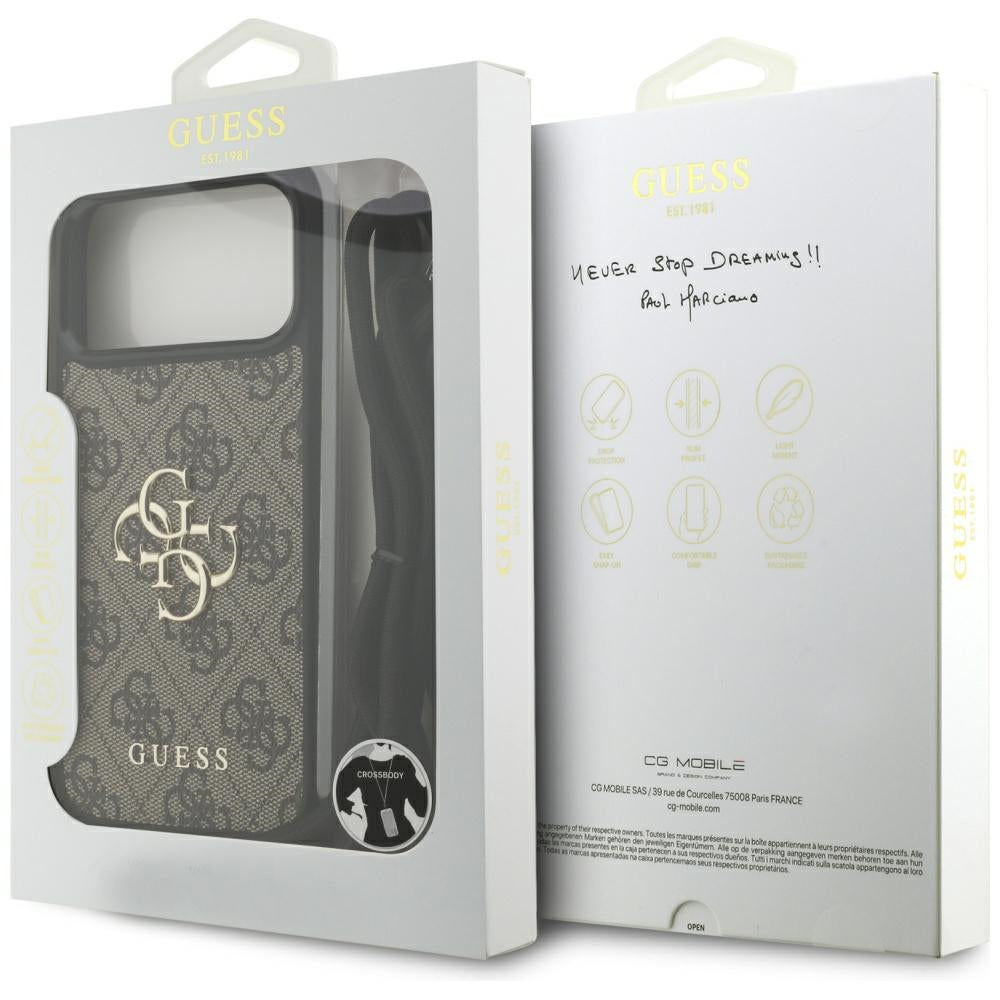Funda para Apple iPhone 17 Pro Max, Guess, 4G CBDY Big Logo con Correa de Cordón, Marrón