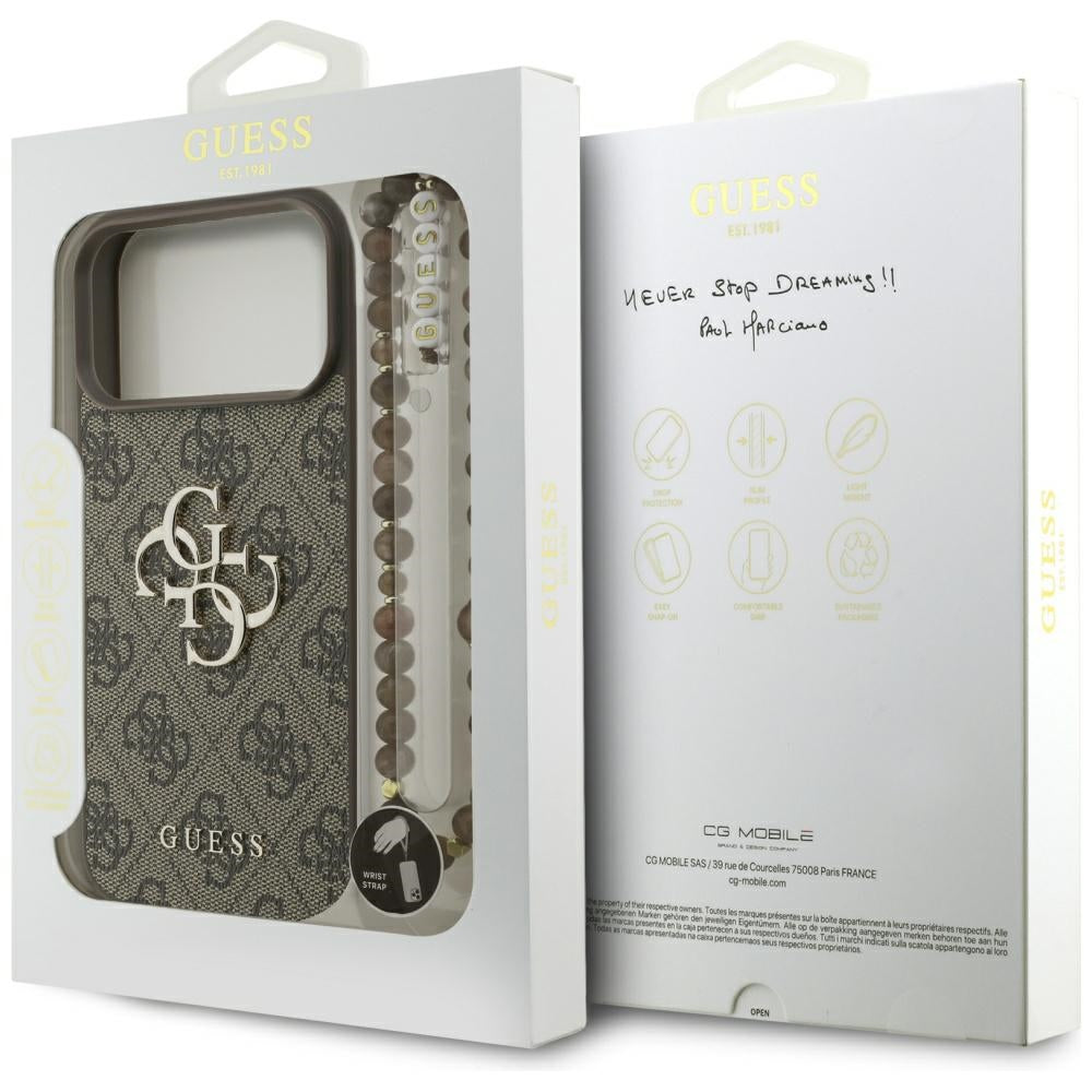 Funda para Apple iPhone 17 Pro Max, Guess, 4G Classic Logo con Correa de Perla, Marrón
