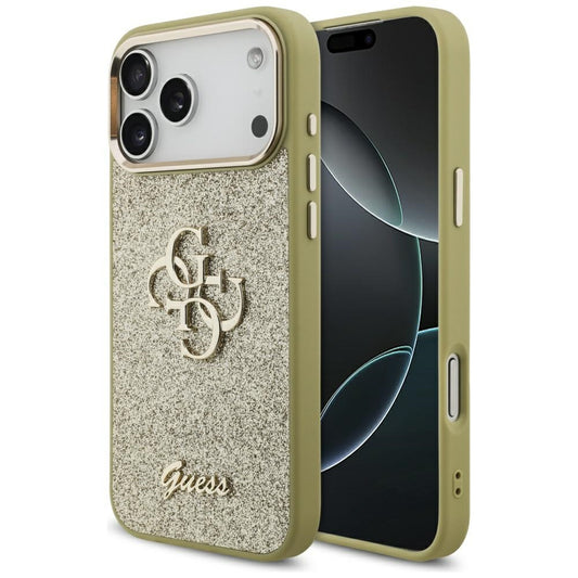 Funda para Apple iPhone 17 Pro Max, Guess, Fixed Glitter Big 4G Metal Frame, Dorada