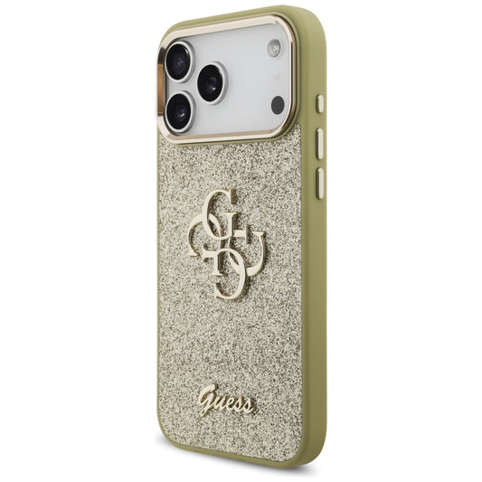 Funda para Apple iPhone 17 Pro Max, Guess, Fixed Glitter Big 4G Metal Frame, Dorada