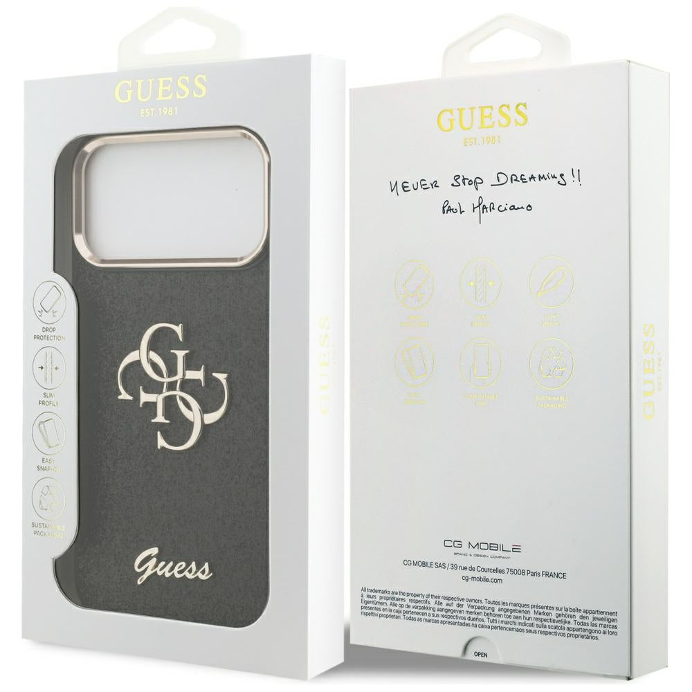 Funda para Apple iPhone 17 Pro Max, Guess, Fixed Glitter Big 4G Metal Frame, Negra