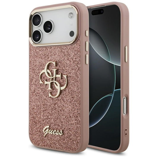 Funda para Apple iPhone 17 Pro Max, Guess, Fixed Glitter Big 4G Metal Frame, Rosa