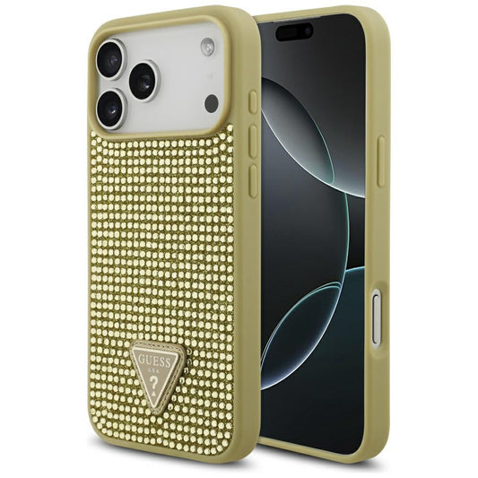 Funda para Apple iPhone 17 Pro Max, Guess, Logo Triángulo de Estrás, Dorada