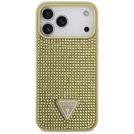 Funda para Apple iPhone 17 Pro Max, Guess, Logo Triángulo de Estrás, Dorada