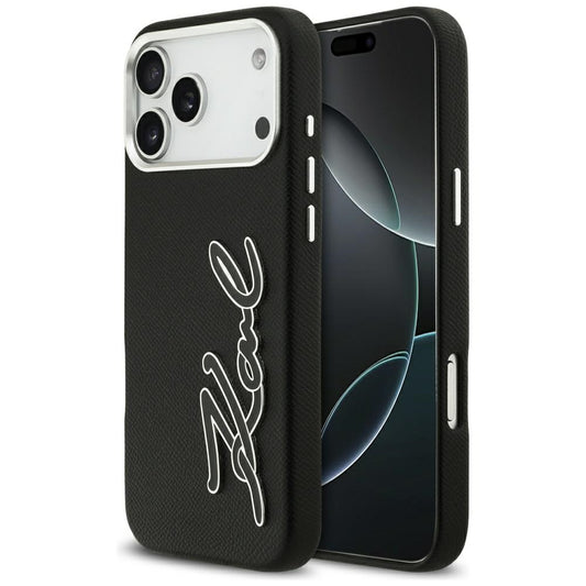 Funda para Apple iPhone 17 Pro Max, Karl Lagerfeld, FW Grained Signature Logo, Negra