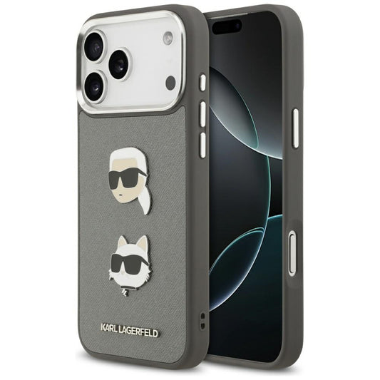 Funda para Apple iPhone 17 Pro Max, Karl Lagerfeld, Grained Karl & Choupette's Heads Pins and Logo, Gris