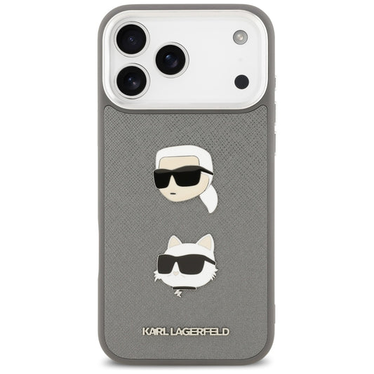 Funda para Apple iPhone 17 Pro Max, Karl Lagerfeld, Grained Karl & Choupette's Heads Pins and Logo, Gris