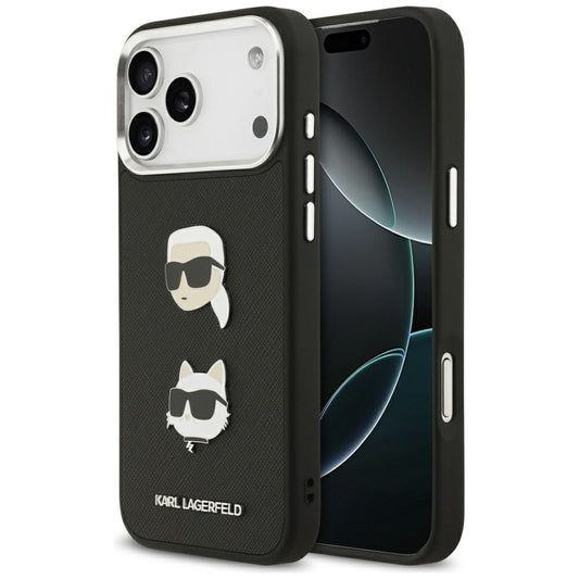 Funda para Apple iPhone 17 Pro Max, Karl Lagerfeld, Grained Karl & Choupette's Heads Pins and Logo, Negra