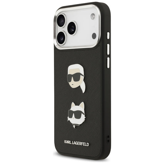 Funda para Apple iPhone 17 Pro Max, Karl Lagerfeld, Grained Karl & Choupette's Heads Pins and Logo, Negra