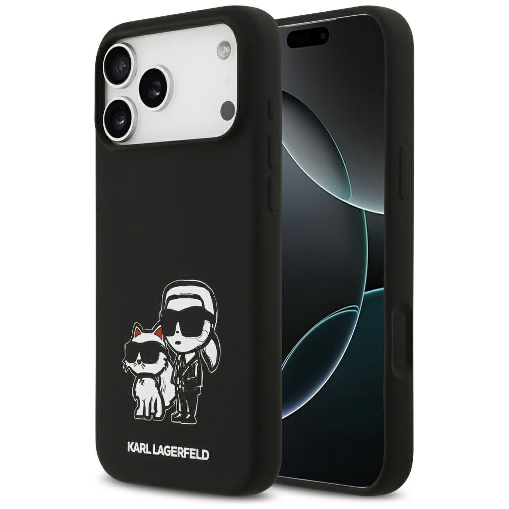 Funda para Apple iPhone 17 Pro Max, Karl Lagerfeld, Sketch and Logo Karl & Choupette, Negra.